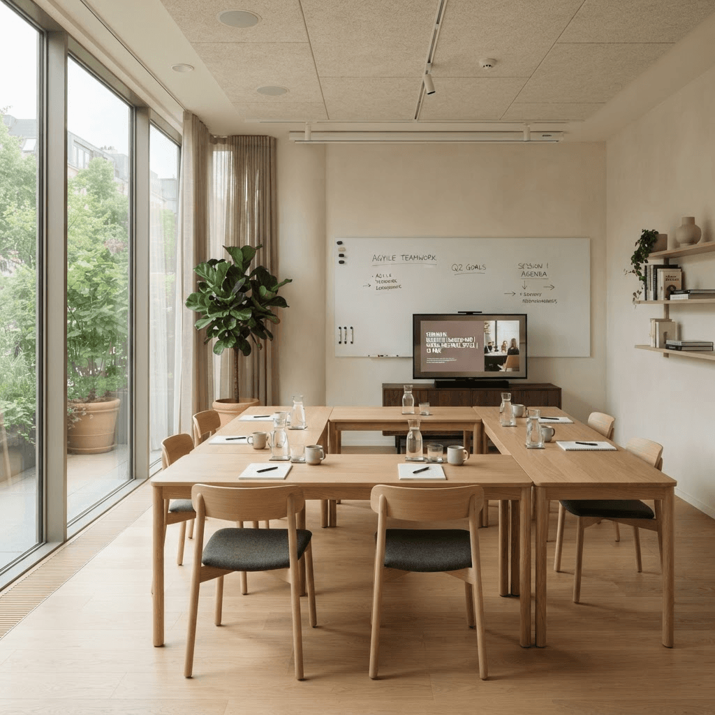A small seminar room set up for ten learners with a whiteboard and natural light